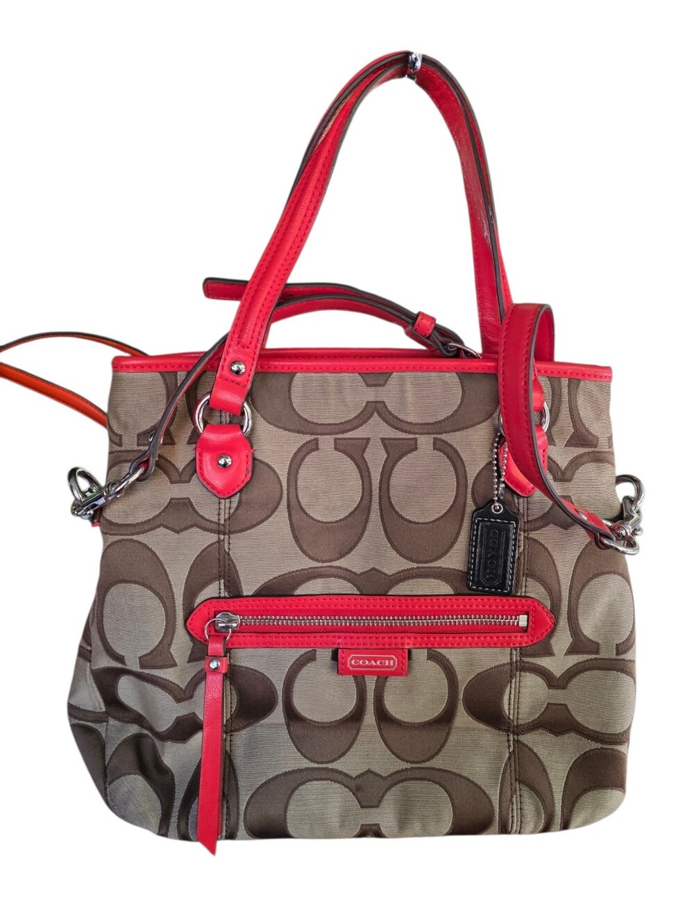 Coach Signature Canvas Tote with Orange-Red Leather Trim